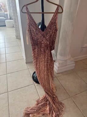 Mac Duggal Sequin V-Neck Evening Gown in Blush Pink